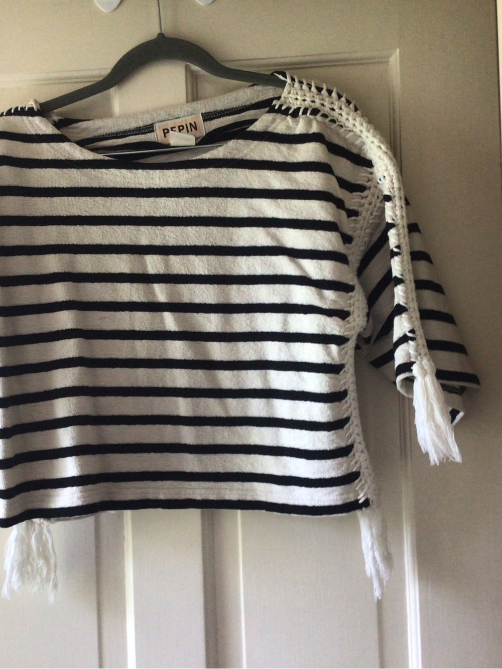 Pepin Black & White Striped Crochet-Trim Cropped Sweater